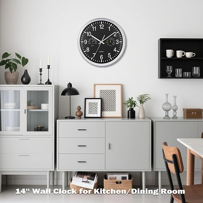 AYRELY® 14 Inch Silent Large Wall Clock with Temperature & Humidity – Battery Operated Decorative Clock for Home, Kitchen, Bedroom (Black, 14 Inch)