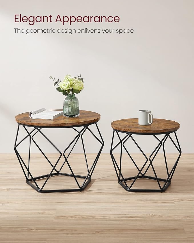 VASAGLE Small Coffee Table Set of 2, Round Coffee Table with Steel Frame, Side End Table for Living Room, Bedroom, Office, Rustic Brown and Ink Black