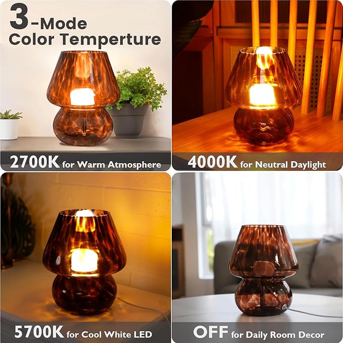 USB Plug-in Vintage Mushroom Lamp Small Bedside Table Lamp with 3 Temperature LED Bulb,Free Dimming Nights Light for Bedroom/Living Room/Entryway/Corner Decor New Home Gift (Golden Amber)
