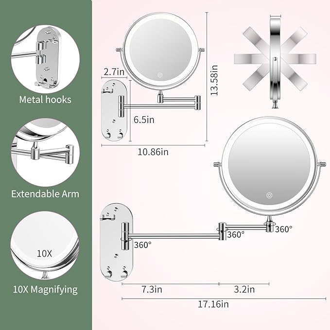 FUNTOUCH Wall Mounted Lighted Makeup Mirror, Rechargeable 8" Double-Sided LED Make up Mirror 1X/10X Magnification, 3 Color Lights Dimmable 360Β° Rotation Wall Mount Mirror with Extension Arm and Hooks