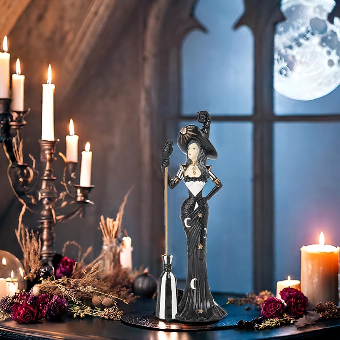 Newman House Studio Halloween Decoration Fairyland Witch Figurine - Magic Holding Broom Dia De Los Muertos Day of The Dead Statue Resin Theme Gift Farmhouse Decor 2.5x1.75x7.5 in