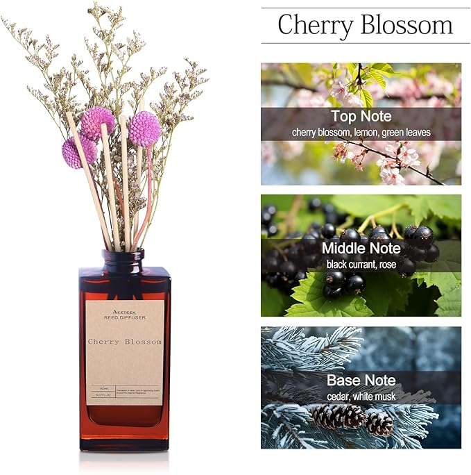 Reed Diffuser Set - Cherry Blossom Essential Oil, 5 oz/150ml Black Currant Aroma Scent Oils Bathroom Air Freshener with Flower Decoration and Diffuser Sticks, Home Fragrance for Room Decor