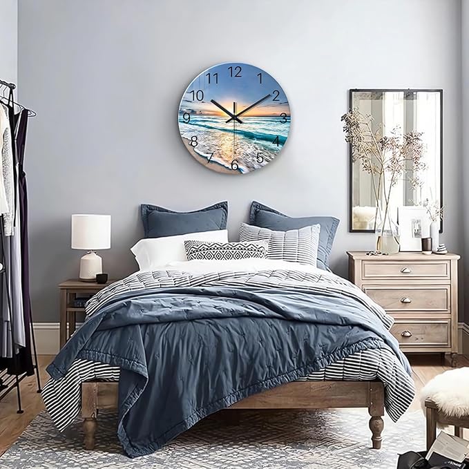 Blue Beach Wall Clock for Kitchen 14 Inch Round Coastal Clocks for Walls Analog Glass Wall Clock Non Ticking