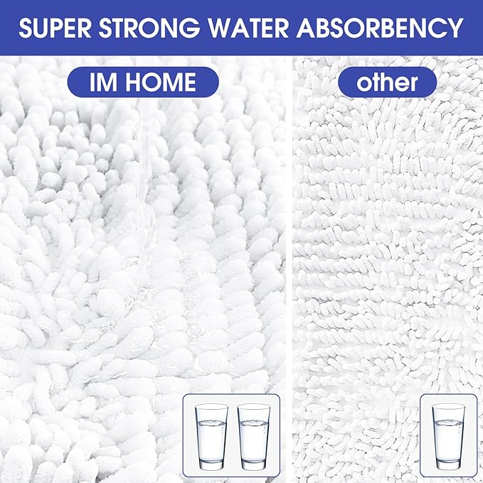 ACCUMTEK Striped White Bathroom Rug Set 3 Pieces Ultra Soft, Non Slip Chenille Toilet Mat, Absorbent Plush Shaggy Bath Mats for Bathroom, Bedroom, Kitchen, Ivory