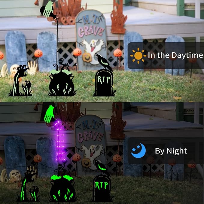 Halloween Yard Signs Outdoor Decorations,3 Pack Warerproof Solar Scary Fluorescent Metal Stake Lights Glow in The Dark for Lawn Garden Halloween Decor (Potions Ghost Hand Tombstone)