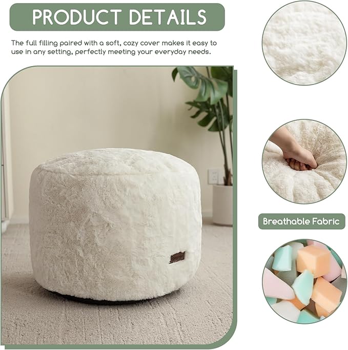 HIGOGOGO Pouf Stuffed Ottoman Round Modern Foam Filled Foot Rest Chair Decorative Poufs 26 x 18 Inches Fluffy Boho Comfy Stool for Living Room, Beige