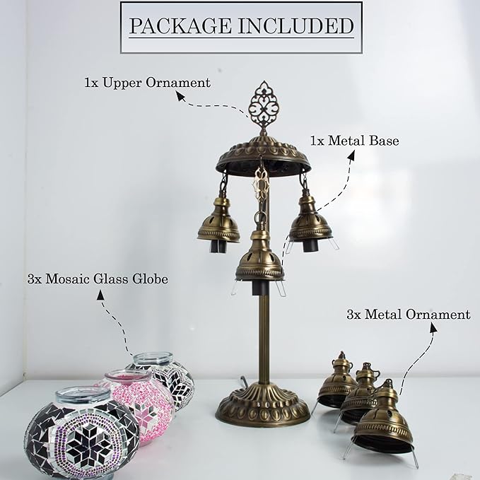 mozaist 3 Mosaic Sphere Turkish Table Lamp, Purple Basil, Handmade Glass Beads and Metal, Boho Style Vintage Living Room, Dining Room Farm Decor Colorful Light with US Plug&E12 Socket