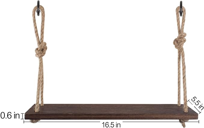 Rope Hanging Floating Shelves, Rustic Wood Wall Decor Swing Shelf with 4 Hooks, Pack of 2