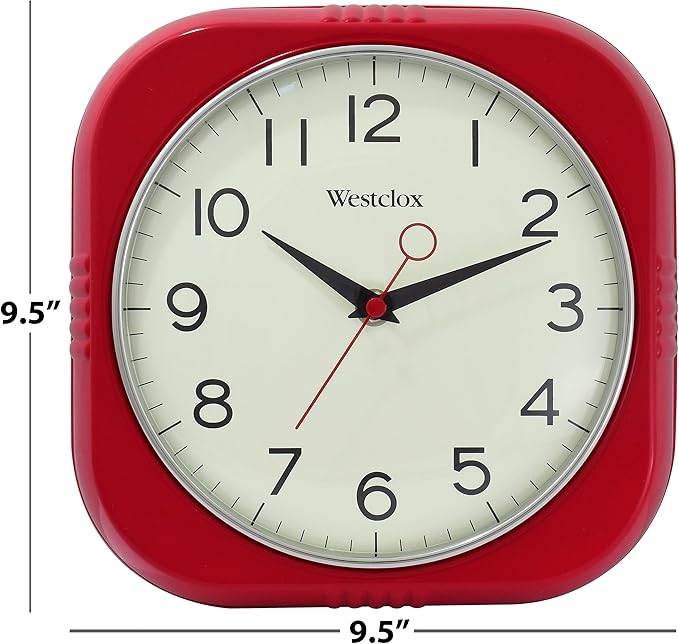 Westclox Retro Wall Clock Vintage 1950s Vintage Wall Clock for Kitchen Decor with Large 9.5" Display & Quiet Ticking | 50's Mid Century Retro Clock for Kitchen or Living Room | Red/Square