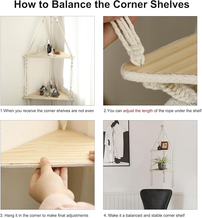 Artilady Macrame Corner Shelf Wall Hanging - 2 Tier White Corner Floating Shelves Boho Wall Decor, Rustic Wooden Plant Shelf Storage Rack for Bedroom Living Room Bathroom