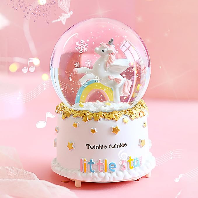 Rainbow Unicorn Snow Globe Automatic Rotating Snow Flakes with Coloful Light Music Christmas Birthday Presents Gifts for Kids Girls Baby Sister Daughter Granddaughter Women Mom Grandma