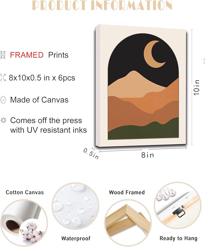 Drsoum Boho Wall Decor Minimalist Bohemain Wall Art Mid Century Modern Abstract 𝗙𝗿𝗮𝗺𝗲𝗱 Room Decor Moon Phases Wall Painting For Bedroom Home Decor Set of 6, 8x10in (Framed)