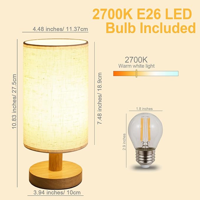 Small Bedside Table Lamp for Bedroom, Minimalist Wood Base & Round Fabric Shade, Mini Cute Cozy Warm White Nightstand Boho Lamp, Study Desk Night Stand Light for Room, Dorm, Nursery, Living Room