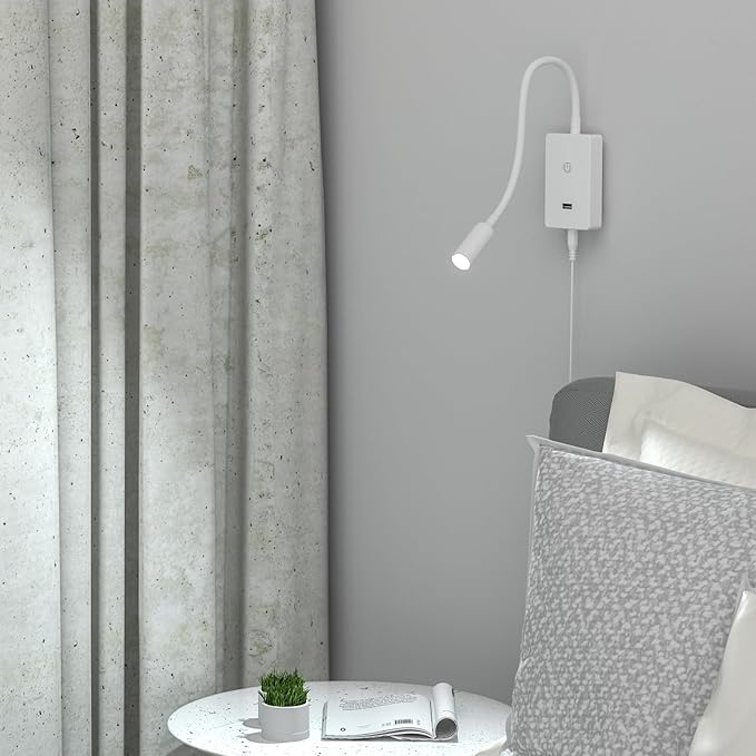 LED Wall Mounted Bedside Reading Light, Touch Dimmable Spot Lamp for Bedroom Headboard Light with 5V2A USB Port, Flexible Gooseneck, 4 Brightness Levels, Neutral White 4000K Lighting