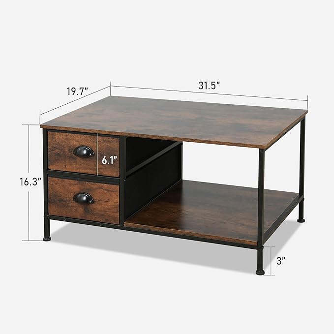 SENIG Coffee Table with Drawers, Coffee Table for Living Room, 2-Tier Coffee Tables with Storage Drawers,Brown Coffee Tables for Small Spaces, Rectangle Wood Ttable, Metal Side End Table