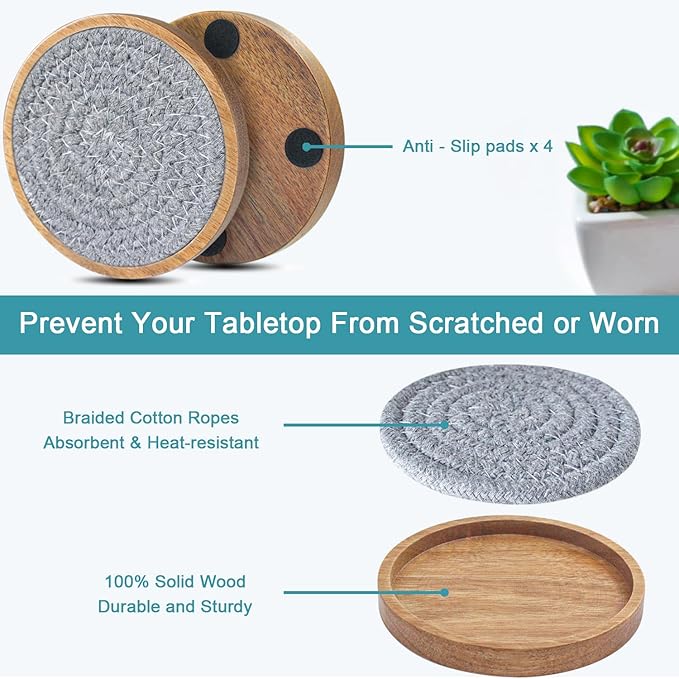 Wood Coasters for Drinks, Absorbent Coaster Sets of 8, Woven Drink Coasters for Coffee Table, Housewarming Gift for Farmhouse Home Decor,4.3 inches Gray