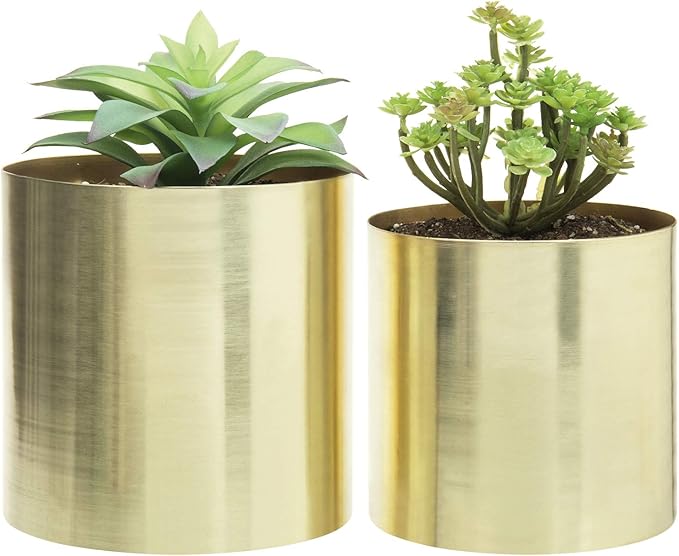 MyGift Modern Brushed Brass Plated Indoor Plant Pot, Cylindrical Metal Vase, 5 and 6 Inch, Set of 2 - Handcrafted in India