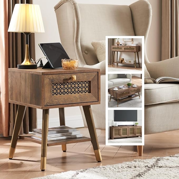 Mid Century Modern End Table for Living Room, Rustic Oak Small Side Tables with Charging Station, Outlets and USB Ports, Wood Nightstand with Storage Drawer and Open Shelf