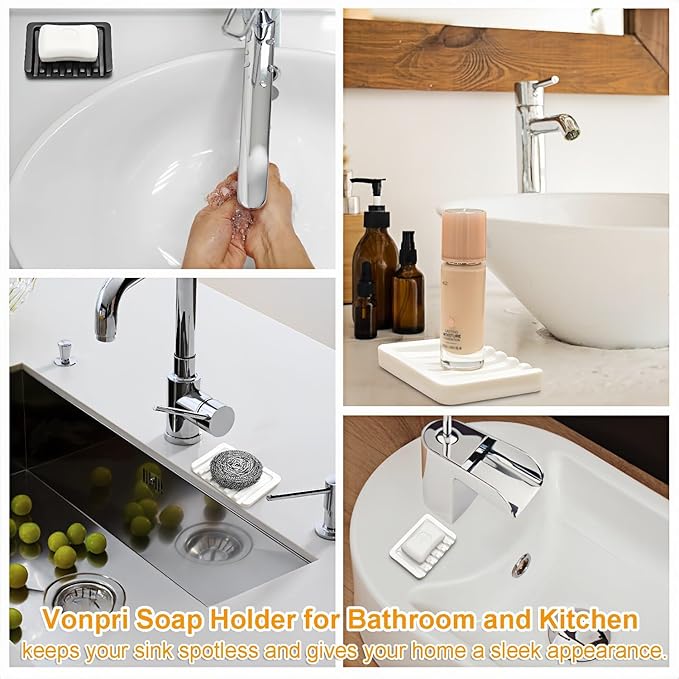 Self Draining Soap Dish, Ceramic Soap Holder for Shower, Vonpri Waterfall Bar Soap Case Saver Tray Sponge Organizer Keep Dry for Bathroom Kitchen Counter Sink (1, White)