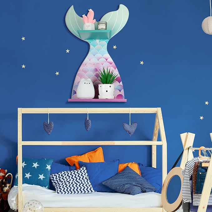 Bencailor Wall Decor Shelf Bedroom Hanging Shelf Wall Mounted Wooden Floating Bathroom Decor for Girls Bedroom Nursery Gift(Classic Mermaid)