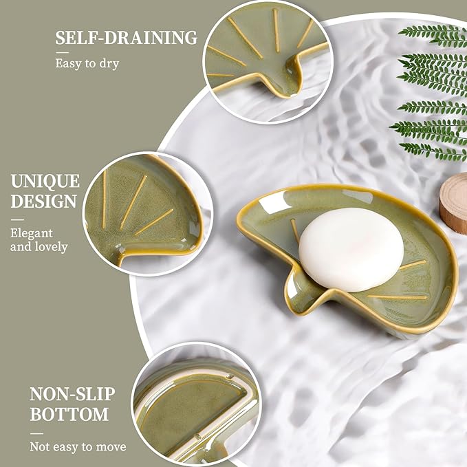 Ceramic Soap Dish, Self-Draining Bar Soap Holder for Bathroom, Sink, or Shower – Green Half-Moon Design, Easy to Clean, Keeps Soap Dry – ANTIS'S HOME
