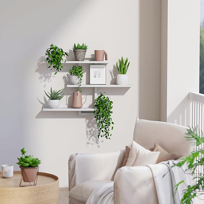 Homode Floating Shelves, Set of 3 Wooden Hanging Shelves for Bathroom and Bedroom Storage, Decorative Wall-Mounted Display Shelf for Plants, Books, Pictures, White
