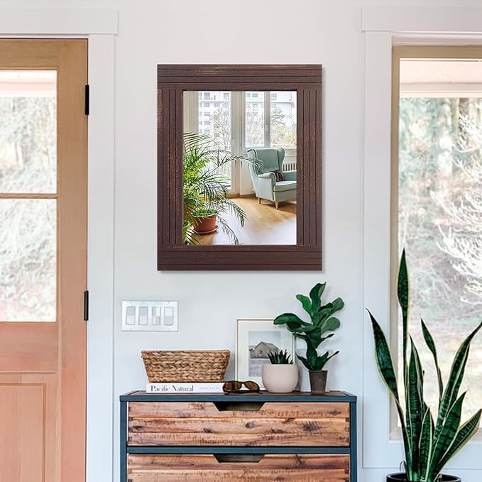 Mirrors for Wall Rustic Wooden Frame Rectangle Mirror Vintage Hanging Mirror for Bedroom Bathroom Living Room Farmhouse Wall Decor Brown Large 20" x 16 "