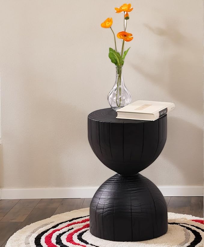 Natural Wooden Pillar Side Table – Round Tree Wood Drum-Shaped Coffee Table, Side Table for Balcony, Courtyard, Garden, Living Room Decoration – Modern Stool Design, Stable Base(Color:Black)