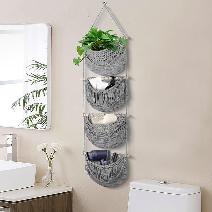 4 Tier Hanging Fruit Basket for Kitchen, 4 Pack Detachable Cotton Crocheted Wall Hanging Baskets Shelf Over Door Organizer for Fruit Veggie Plant, Hanging Storage Basket for Bathroom Bedroom(Gray)