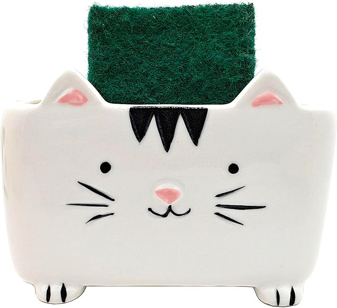 Cat Sponge Holder - Cute Kitchen Accessories and Home Decor - Ceramic Holder for Women - Ideal Birthday and Valentine's Day Gift