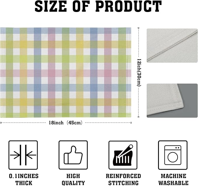 Spring Easter Placemats Set of 4 Linen Colorful Plaid Pink Green Place Mat Washable Non-Slip Heat Resistant 12×18 Inch Thick Place Mats Decorative Fabric Table Mat for Dining Table