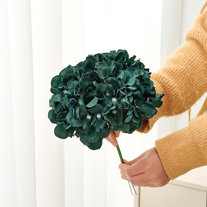 Artificial Hydrangea Flowers Emerald Green Heads 10 Fake Hydrangea Silk Flowers for Wedding Centerpieces Bouquets DIY Floral Decor Home Decoration with Stems.