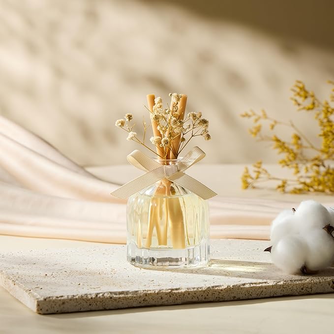 Airkeep Reed Diffuser Set with 3 Sticks,3.04oz Clean Linen Baby's Breath Flower Flame Free Fragrance Diffuser for Home Décor Floral Diffuser Room Fresheners for Home Long Lasting