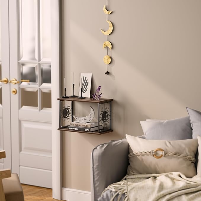 Floating Nightstand Wall Mounted - Natural Solid Wood Night Stand, Bedside Table 2 Tier Shelf, Modern Metal Celestial Side Floating Shelves Decor for Living Room Bedroom