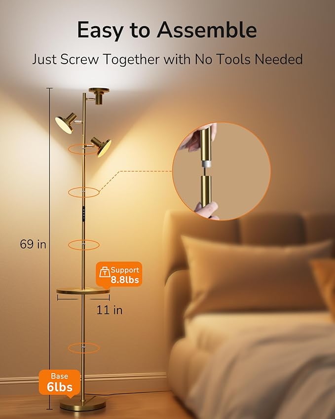 ULG Floor Lamp with Shelf 3-Light Standing Tree Lamp Independent Control Modern Decor Light Color/Intensity Changing Remote & Button Control 1200lm LED Lamp for Living Room Home Office Bedroom, Gold