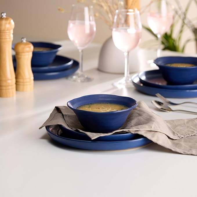 Kook Ceramic Dinnerware Set, 12 Piece, Organic Shape, Dinner Plates, Salad Plates, Soup Bowls, Microwave and Dishwasher Safe, Service for 4, Navy Spiral Pattern