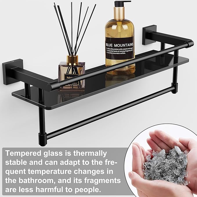 Glass Shelf for Bathroom 20 Inch Bathroom Shelves with Towel Bar Tempered Glass Shelves with Stainless Steel Towel Holder for Wall (All Matte Black)