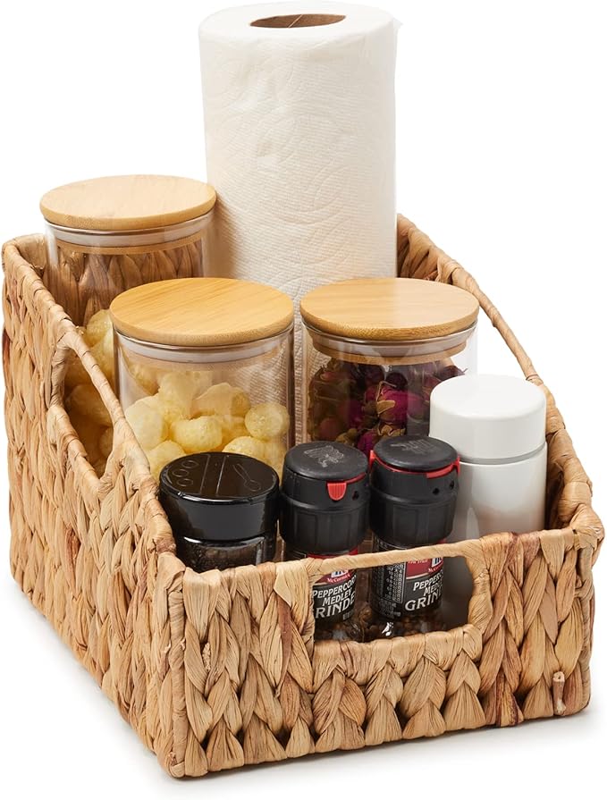 EZOWare Woven Open Front Storage Baskets, Natural Water Hyacinth Wicker Storage Trapezoid Organizer Bin Boxes with Handles for Closet Clothes Kids Room Nursery, Empty Decorative Gift - Set of 2