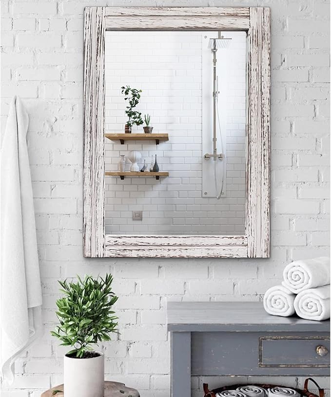 AAZZKANG Large Wall Mirrors 26"x18" Rustic Wood Mirror Rectangle Decorative for Farmhouse Bedroom Bathroom Living Room Dressing Room Home Entryway