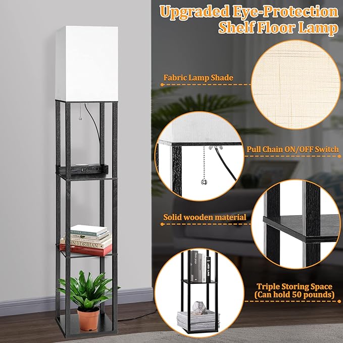 Dott Arts Floor Lamp with Shelves, Shelf Lamp with Wireless Charger & USB A+C Ports & 2 AC Outlets,3 Color Temperature Corner Tall Standing Floor Lamps for Living Room, Bedroom, Office (Black)
