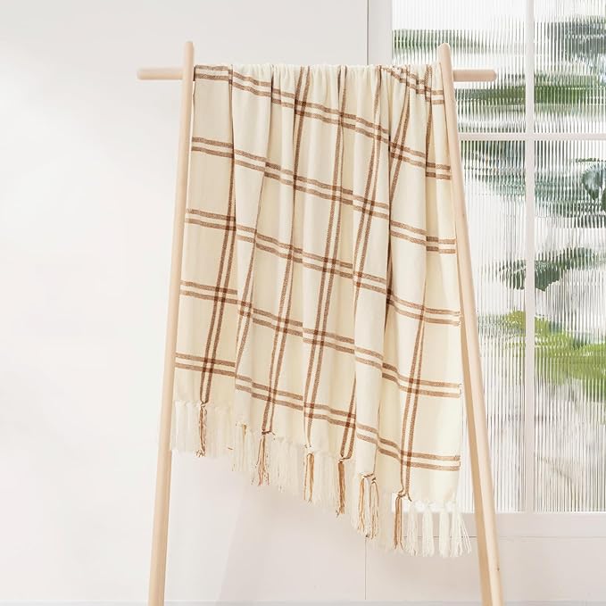 EVERGRACE Plaid Chenille Throw Blanket for Couch, Super Soft Cozy Decorative Windowpane Grid Plaid Throw with Tassels, Lightweight Chenille Knit Throw for Bed Sofa Gift, Cream & Beige 50"x60"