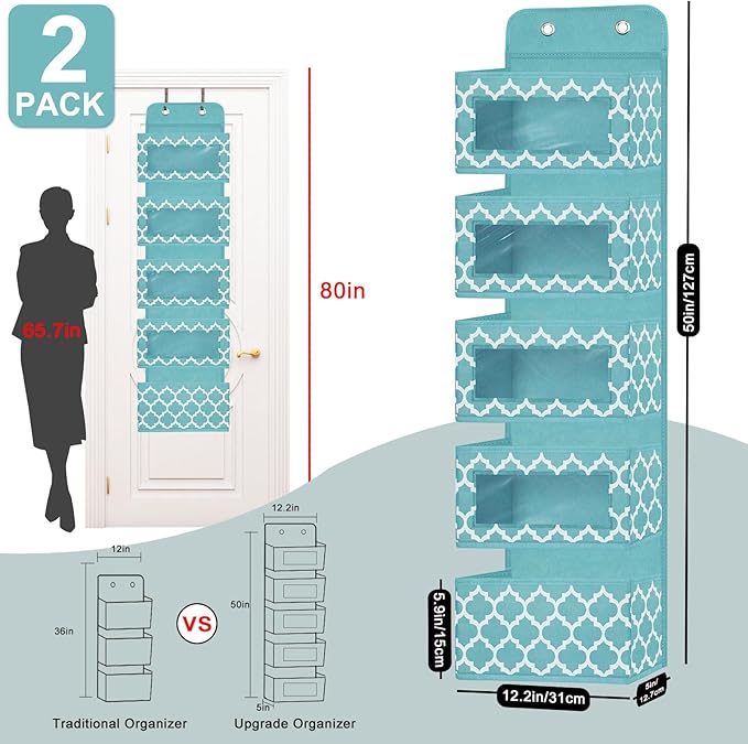 Over the Door Hanging Organizer - Nursery 5 Window Pocket Storage Organizer with 2 Thick Hooks for Baby Clothes, Diaper, Cruise, Pantry, Closet, Bathroom, Cabinet, Kitchen 12.2” 5” 49.6” (Blue)