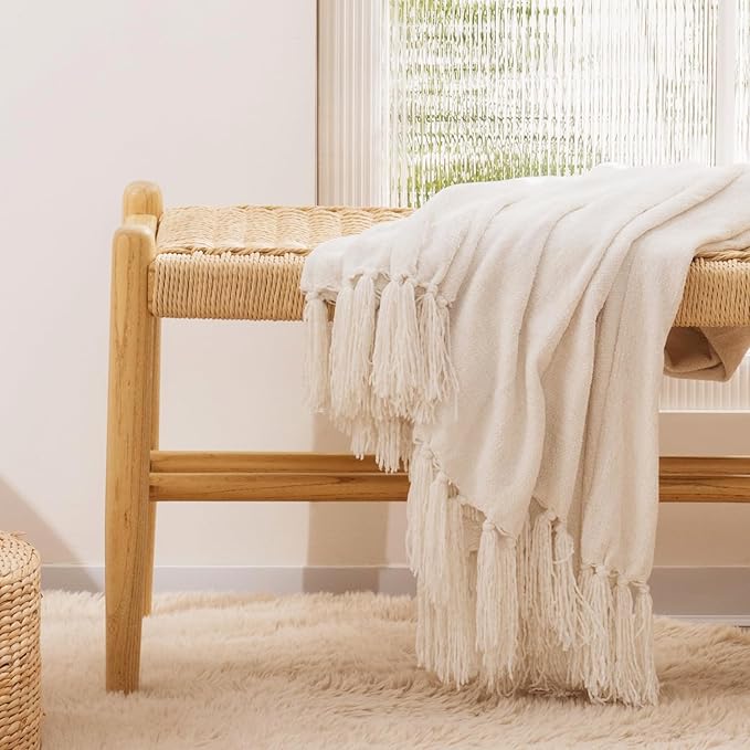 EVERGRACE Soft Chenille Throw Blanket for Couch, Cozy Plush Fuzzy Decorative Chenille Knit Throw Blanket with Tassels, Lightweight Blanket and Throws for Bed Sofa Gift Home Decor, Ivory White 50"x60"