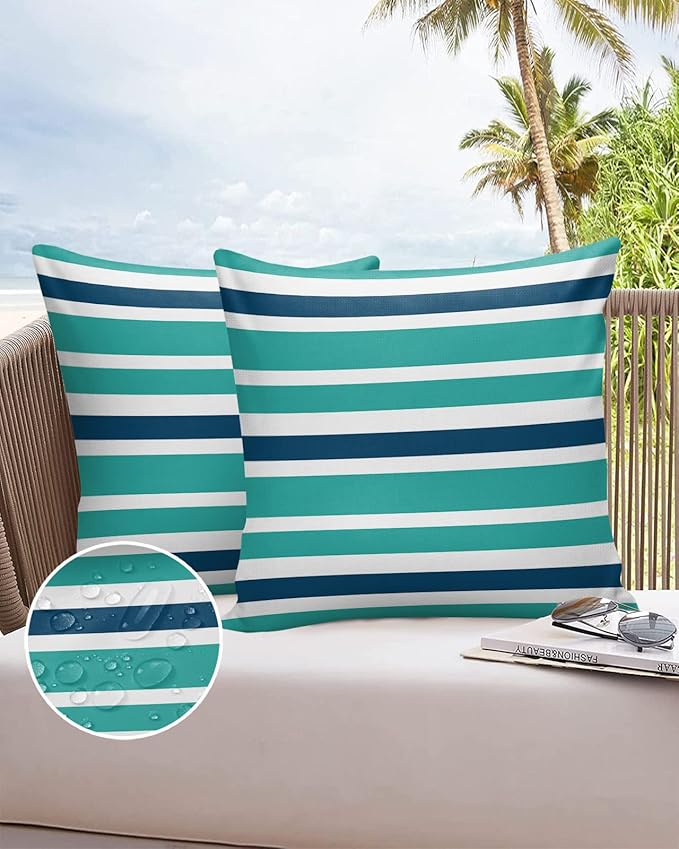 Outdoor Waterproof Throw Pillow Covers Set of 2 Navy Blue Turquoise Stripes Decorative Outdoor Pillows Cushion Case 24x24 Inch Teal Striped Patio Pillows for Couch Sofa Bed Garden Office Home Decor