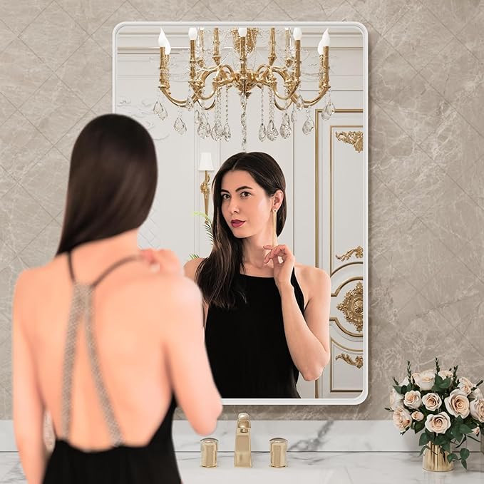 LOAAO 24x32 Inch White Metal Framed Bathroom Mirror for Wall, White Bathroom Vanity Mirror Farmhouse, Large Rounded Rectangle Mirror, Anti-Rust, Hangs Horizontally or Vertically