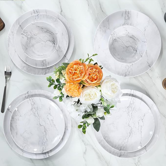 12-Piece Melamine Dinnerware Sets, Modern White Round Dish Set for 4 - Serving Plates and Bowls Sets for Snack, Dessert, Salad, Soup, Pasta - White Marble Pattern