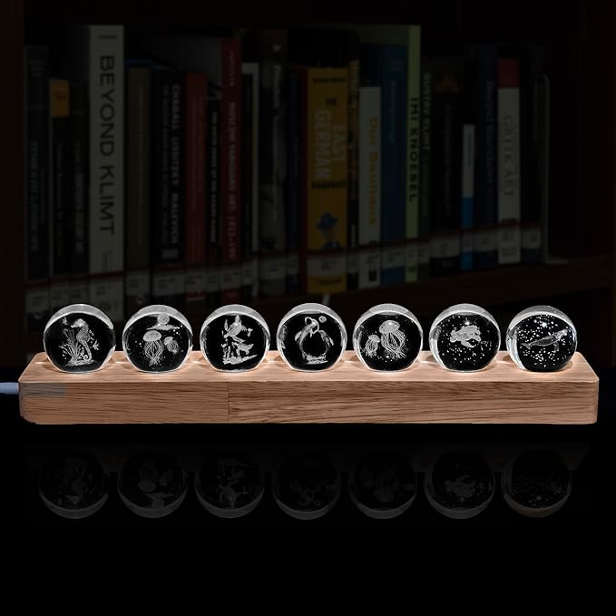 3D Crystal Laser Ocean Light Up Decorative Balls with LED Wooden Base - 7 Glass Laser Balls, Night Light Decoration for Home, Kids Room Gifts for Women