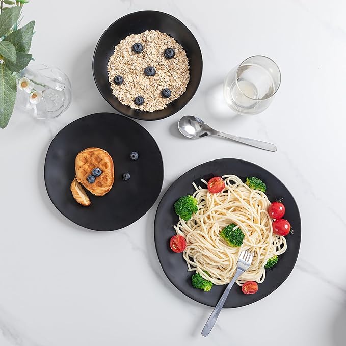 Black Melamine Plates and Bowls Set,12-Piece Melamine Dinnerware Sets for Indoor and Outdoor Use, Lightweight RV and Camping Dish Set for 4, BPA Free and Dishwasher Safe