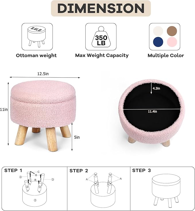 Ottoman Foot Rest, Small Round Ottoman with Storage, Boucle Teddy Velvet Footstool with Wood Legs, Soft Sponge Storage Ottoman for Living Room, Bedroom, Couch, Enterway (Pink)