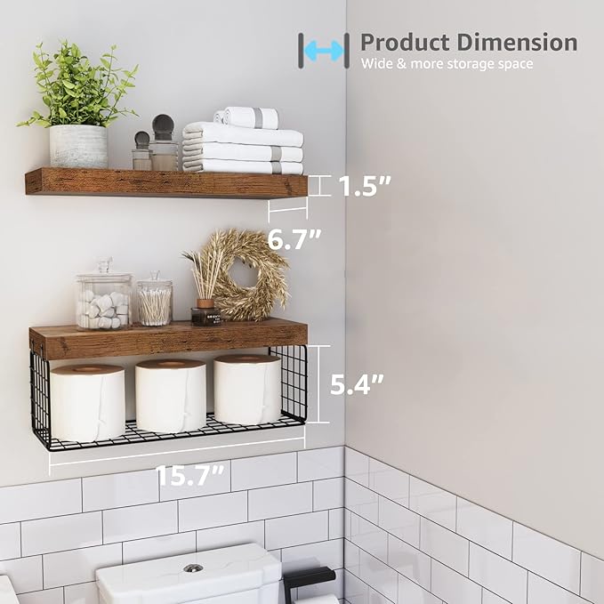 QEEIG Bathroom Shelves Over Toilet - Wall Mounted Floating Shelves Toilet Paper Storage Small Farmhouse Decor Shelf 16 inch Set of 2, Rustic Brown (019-BN2)